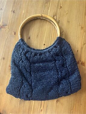 Vintage Woven Navy Handbag with Bamboo Handles